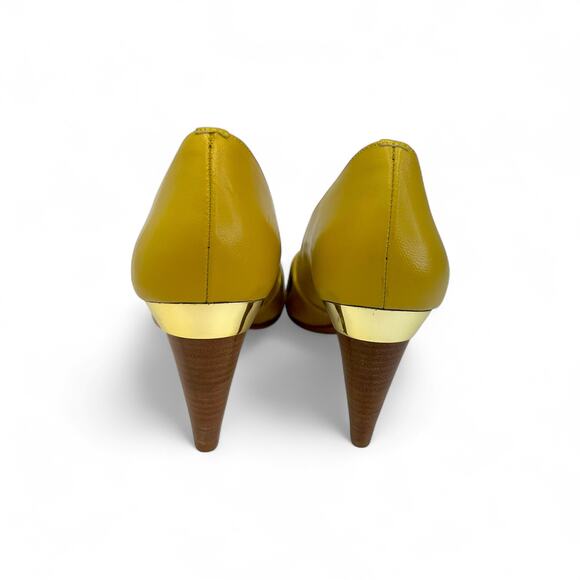 Klub Nico Women's Peep Toe Heels Size BZ 37 US 8 Mustard Yellow Square Buckle - Picture 10 of 13